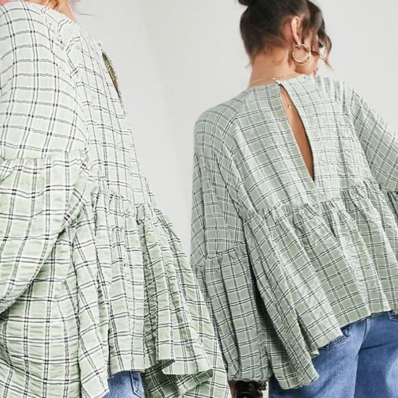 ASOS Edition Smock Top with Gathered Detail in green check plaid size 2 - Picture 9 of 10